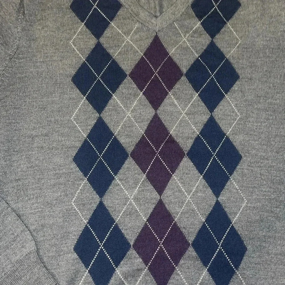 Jos A Bank Sweater Mens Large Gray navy Wool Argyle V-Neck Preppy Academia Knit - Picture 3 of 8